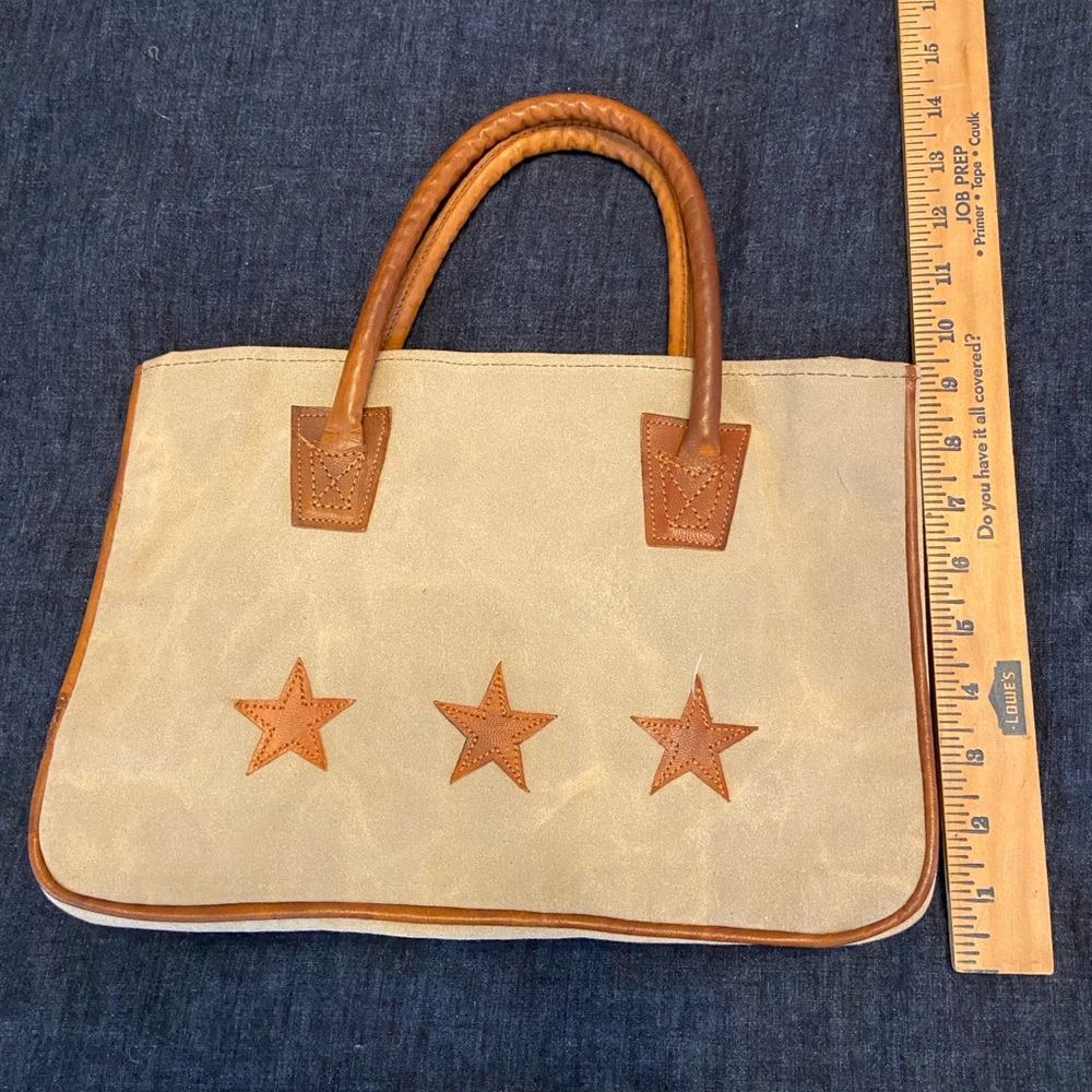 Mona B Tote Bag 3 Stars Canvas Handbag Purse Upcycled Tan W/Leather Handles